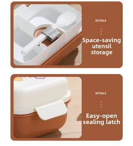 Detail of lunch box showing cutlery storage slot and secure side sealing buckle