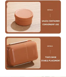 Dettaglio del fondo del porta pranzo arancione con specifiche del materiale e icone di sicurezza