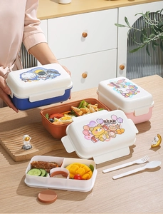 Detail view of double-layer cartoon lunch box with multi-compartment and utensils