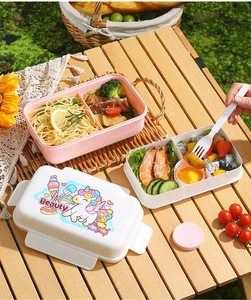 Detail of double-layer lunch box set with cartoon unicorn print for picnic use