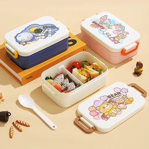 Cartoon bento box for kids and adults with multi-layer design and handle closure