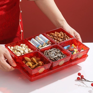 Translucent red 6-compartment snack tray with golden Double Happiness character decoration