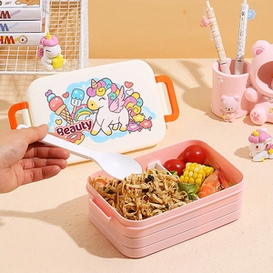 Pink double-layer bento lunch box with cartoon unicorn print and fork spoon set