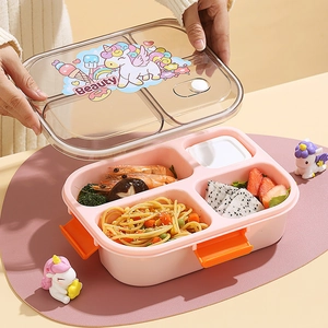 Pink 4-compartment lunch box with unicorn pattern lid and orange side latches