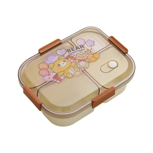 INS style 4-compartment plastic bento box with bear pattern and orange side buckles