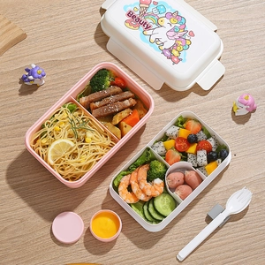 Pink double-layer bento lunch box with cartoon unicorn lid, compartments and utensils