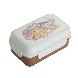 Double layer cartoon bento lunch box with bear pattern and secure side buckles