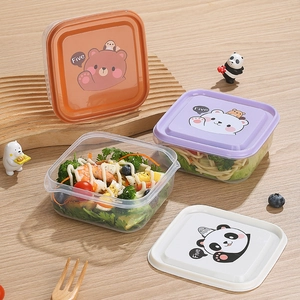 Set of 3 square plastic food storage containers with cute cartoon animal lids and clear body