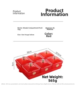 Detail showing 38cm red divided candy tray with 6 compartments and gold festive patterns