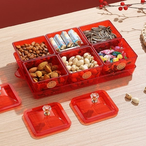 Red hammer-textured divided snack tray with six bowls and gold Double Happiness motif