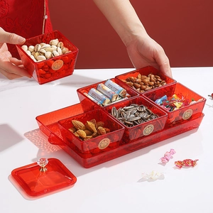 6-compartment red festive snack serving tray set with golden Double Happiness character