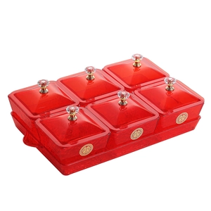 Red translucent acrylic snack tray with 6 compartments and golden wedding symbols