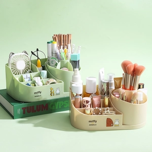 Rotating Miffy desktop cosmetics organizer with multi-compartment storage in green and cream