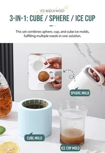 Detailed view of the 3-in-1 silicone ice mold set including tray and storage container
