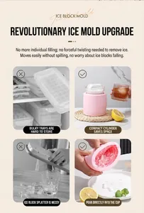 Pink cylindrical silicone ice mold with lid showing easy release vs traditional trays