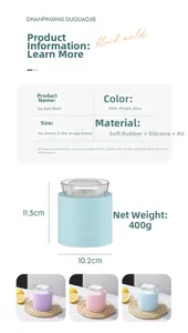 Detailed size chart for silicone ice ball molds in pink, purple, and blue colors