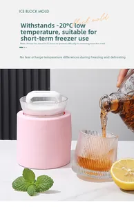 Pink silicone ice mold with white handle and split design for easy ice ball removal