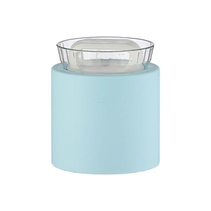 Blue cylindrical silicone ice cube maker with a transparent lid and handle for easy release