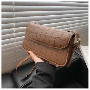 Close-up of brown crocodile texture material and golden buckle on the shoulder bag