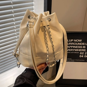 Women Fashion Bucket Bag PU Leather Stitching Drawstring Chain Shoulder Bag Ladies Daily Travel Backpack Handbag Purse