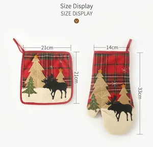 Size display of plaid Christmas oven mitt and pot holder with moose and tree embroidery