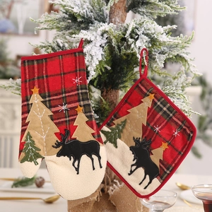 Christmas plaid oven mitt and potholder set with reindeer embroidery on snowy branches