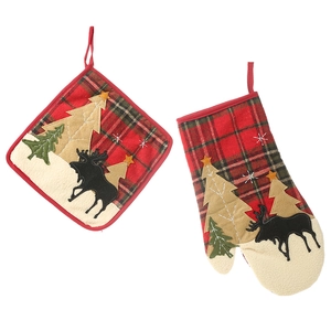 Plaid Christmas oven mitt and pot holder set with reindeer and tree applique patches