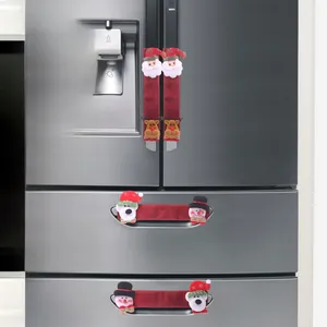 Christmas microwave and fridge handle covers set featuring plush Santa and reindeer decor