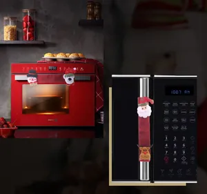 Detailed view of Christmas themed linen appliance handle covers with festive plush characters