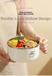Double-layer hollow insulation ramen bowl showing hands holding hot soup safely