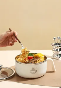 Insulated 304 stainless steel noodle bowl with glass lid and heat-resistant handle
