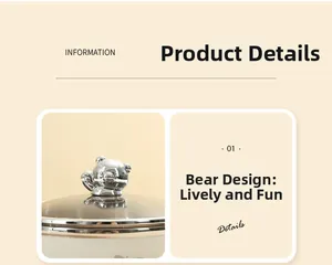 Detailed close-up of a cute silver bear handle on the cream-colored noodle bowl lid