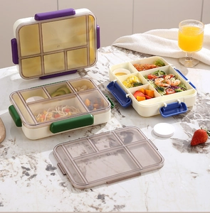 Detail of leak-proof bento box with 5 compartments and secure side locking clips