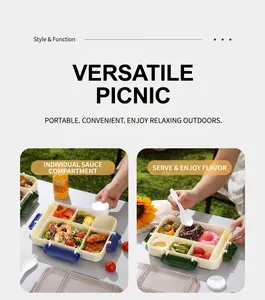 Detail of 5-compartment portable lunch box with separate sauce cup and secure latches