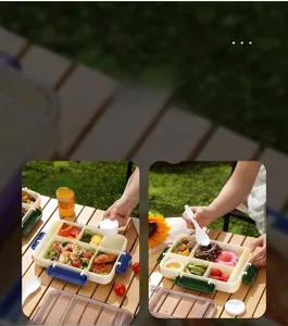 Detail of 5-compartment portable lunch box with separate sauce cup and secure latches