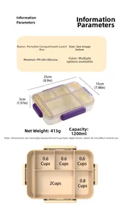 Detailed size specifications for 1200ml 5-compartment bento box with material breakdown