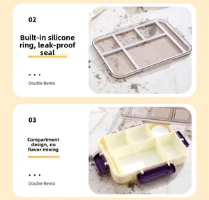 Detail of double-layer bento box with leak-proof silicone seal and divided sections