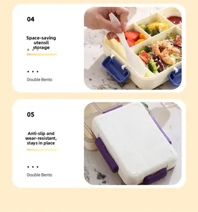 Detail of double-layer bento box with built-in cutlery storage and anti-slip bottom base