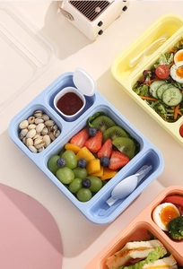 Close-up of compartmentalized bento box with macaron colors for salad and snacks