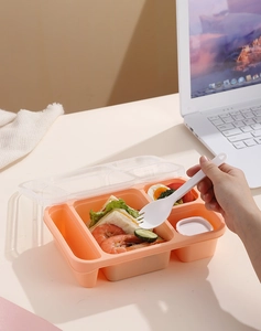 Detail view of the 5-compartment orange bento box with clear lid and white spork