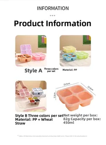 Detailed view of stackable 4-compartment bento lunch boxes in pastel colors and 450ml capacity