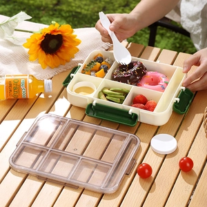Portable 6-compartment lunch box with transparent lid for outdoor picnic use