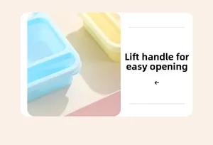 Detail view of the easy-to-open lid handle on a blue multi-compartment bento lunch box