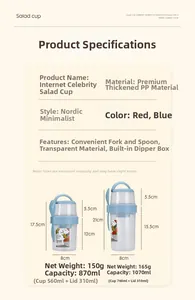 Detail view of large 870ml and 1070ml portable salad cups with built-in dressing container