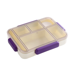 Portable 5-compartment microwave-safe lunch box with purple latches and clear lid
