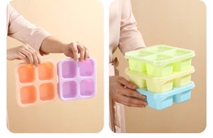 Stackable silicone food containers with four compartments and lids in pastel macaron colors