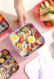 Pink and purple double-layer lunch box set showing salad and fruit compartments