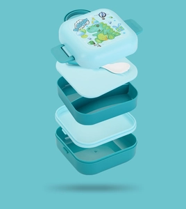 Exploded view showing components of the double-layer dinosaur lunch box with spoon