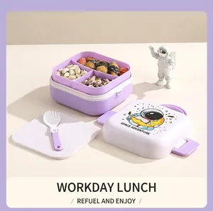 Detail of layered lunch box with cute astronaut pattern and included folding spoon