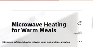 Close-up of double layer bento box illustrating microwave safe heating feature and structure